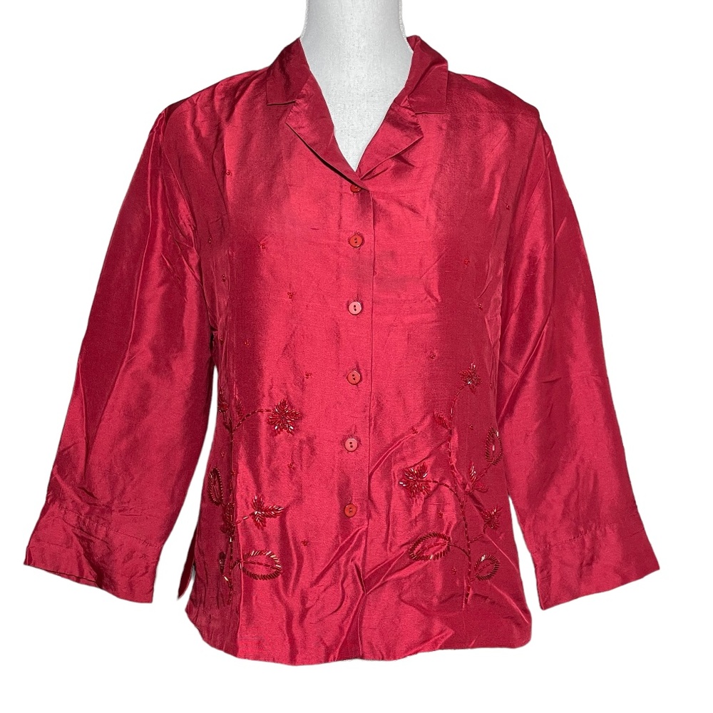 100% Silk Beaded Floral Blouse M Burgundy Red Silkland Button-up Top Vintage